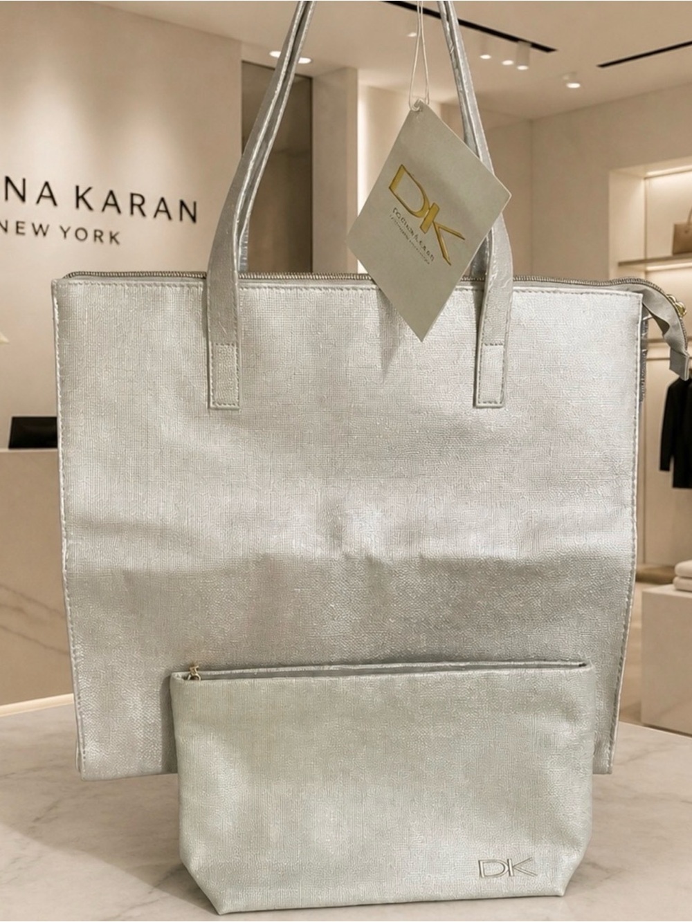 Donna Karan Silver Metallic Tote with Matching Pouch